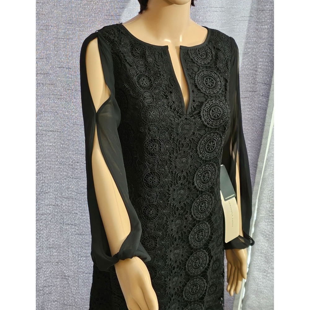 New Adrianna Papell Little Black Dress sheer Sleeve Shift Size 4 - Picture 2 of 5